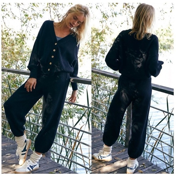 Free People Pants - FP Beach Free People Hailee Black Textured Knit Sweater & Jogger Set Size XL